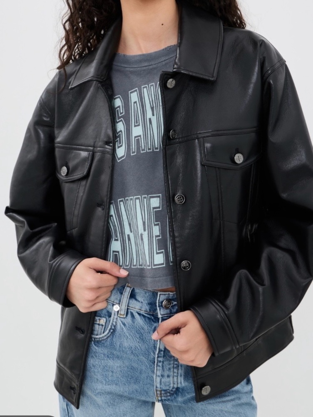 Anine Bing Black Faux Leather Trucker Jacket